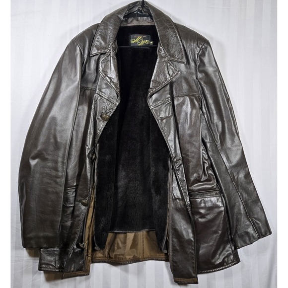 Montgomery Ward Other - Vintage 70s Montgomery Ward MW Leather Coat 46 Tall Brown Car Coat Faux Fur Line